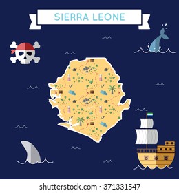 Sierra Leone treasure map in flat design. Colorful cartoon treasure map of Sierra Leone with flat design icons of pirate ship and jolly roger. Sierra Leone flat design vector illustration.