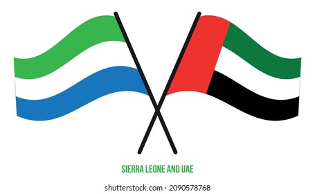 Sierra Leone and UAE Flags Crossed And Waving Flat Style. Official Proportion. Correct Colors.