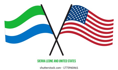 Sierra Leone and United States Flags Crossed And Waving Flat Style. Official Proportion. Correct Colors.