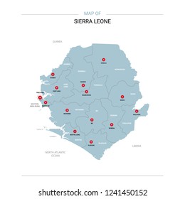 Sierra Leone vector map. Editable template with regions, cities, red pins and blue surface on white background. 