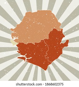 Sierra Leone vintage map. Grunge poster with map of the country in retro color palette. Shape of Sierra Leone with sunburst rays background. Vector illustration.