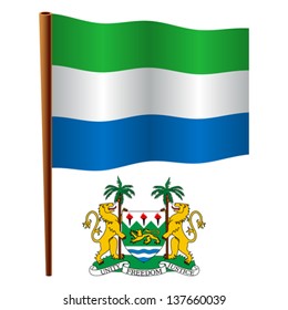 sierra leone wavy flag and coat of arm against white background, vector art illustration, image contains transparency