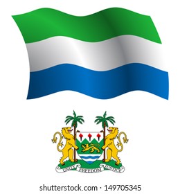 sierra leone wavy flag and coat of arm against white background, vector art illustration, image contains transparency