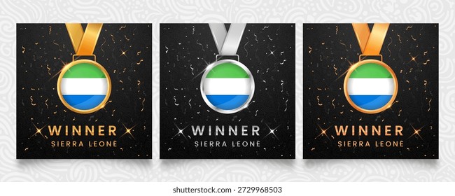 Sierra Leone Siegerset mit Gold-, Silber- und Bronzemedaillen im Design der Nationalflagge, auf dunklem Hintergrund mit festlichem Konfetti, funkelnden Highlights und Mustern