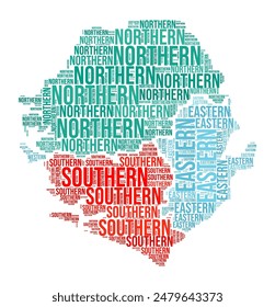 In: Sierra Leone Word Cloud. Country-Form mit Bereichsunterteilung. In: Sierra Leone typography style Bild. Regionsnamen kennzeichnen Wolken. Vektorillustration.