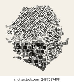 Sierra Leone Word Cloud. Land mit Regionenabteilung. Sierra Leone typografischen Text Wolken Vektorbild-Design. Vintage Gazette Stil Land Form Bild. Schöne Vektorgrafik.