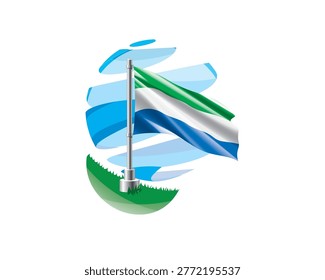 Sierra Leonean flag on a green lawn against a background of blue abstract sky