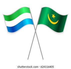Sierra Leonean and Mauritanian crossed flags. Sierra Leone combined with Mauritania isolated on white. Language learning, international business or travel concept.