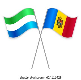 Sierra Leonean and Moldovan crossed flags. Sierra Leone combined with Moldova isolated on white. Language learning, international business or travel concept.