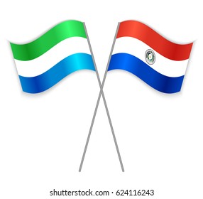 Sierra Leonean and Paraguayan crossed flags. Sierra Leone combined with Paraguay isolated on white. Language learning, international business or travel concept.