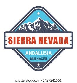 Sierra Nevada ski resort stamp, Spain ski resort emblem with snow covered mountains, Andalusia, vector