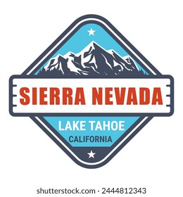 Sierra Nevada USA mountain range, California, emblem with lake tahoe and snow covered mountains, vector svg