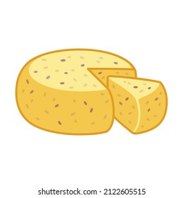 Jāņu siers, traditional Latvian Jani cheese. Artisanal cheese with caraway seeds. Cartoon drawing, vector clip art illustration.