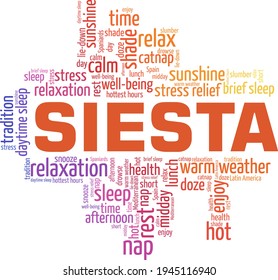 Siesta - Afternoon nap vector illustration word cloud isolated on a white background.