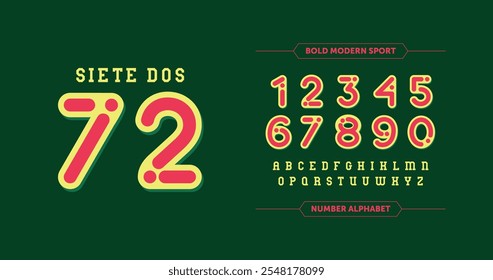 Siete Dos 72: Playful and rounded number design with dotted effects. A cheerful pink-and-yellow palette contrasts against a green background for vibrant and custom alphabet projects.