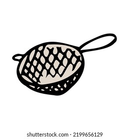 Siebe oder farbige Doodle-Ikone. Küchenutensilien, Geschirr zum Sieben von Mehl. Dekoratives Element für Menüdesign, Rezepte und Lebensmittelverpackungen.