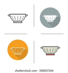 Sieve flat design, linear and color icons set. Contour and long shadow logo concepts. Isolated vector illustrations. Bolter icon. Kitchen tools items. Cooking equipment. Cuisine instruments