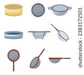 Sieve icons set cartoon vector. Sifter colander. Cook flour cooking