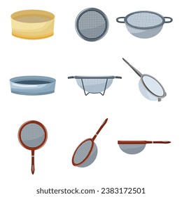 Sieve icons set cartoon vector. Sifter colander. Cook flour cooking