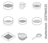 Sieve icons set. Isometric set of sieve vector icons outline on white thin line collection