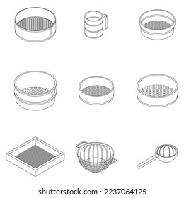 Sieve icons set. Isometric set of sieve vector icons outline on white thin line collection