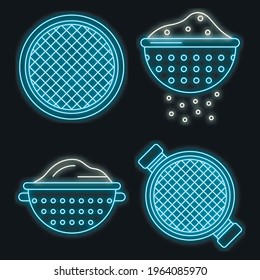 Sieve icons set. Outline set of sieve vector icons neon color on black