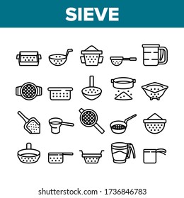 Sieve Kitchen Utensil Collection Icons Set Vector. Sieve Colander Kochgeräte für das Sifting von Mehl in verschiedenen Formen und Style Concept Linear Piktogramme. Monochrome Kontur