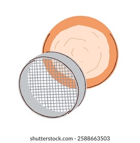 Sieve with sifted flour powder. Baking and cooking utensil, tool for bakery preparation in kitchen. Fine mesh strainer, sifter in cook process. Flat vector illustration isolated on white background