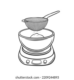 Sieve for sifting wheat flour into bowl on culinary scale outline icon vector illustration. Black line bakery sifter colander to sift sugar powder, flour or starch and make sweet cake, bread recipe