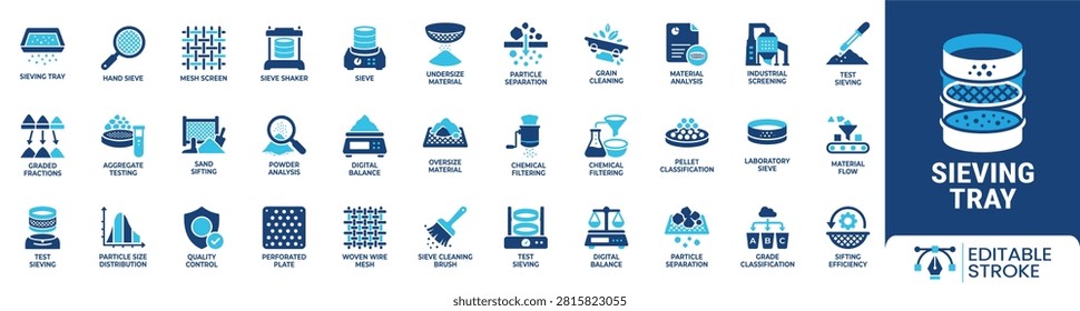 Sieving tray icon set. Containing sieve shaker, mesh screen, particle separation, material analysis, test sieving and more. Solid vector icons collection