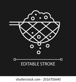 Sift cooking ingredient white linear icon for dark theme. Pass flour through mesh utensil. Thin line customizable illustration. Isolated vector contour symbol for night mode. Editable stroke