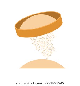 Sifting flour concept with fine flour falling through a sieve. Baking preparation process illustration for cooking, bakery, and kitchen design themes.