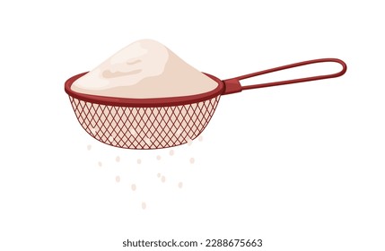 Sifting wheat flour with sieve, sifter, baking kitchen tool. Cooking powder falling process from mesh, net utensil. Kitchenware item. Flat vector illustration isolated on white background