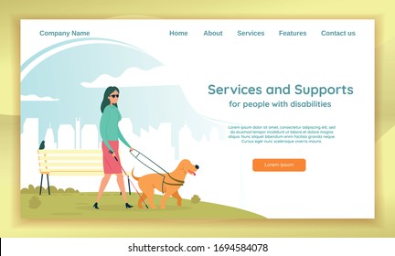 Sight Challenged Woman Using Long Cane and Guide Dog to Walk Independently. Assistance Pet Trained to Lead Blind Person. Service and Support for People with Disability Banner and Landing Page. svg