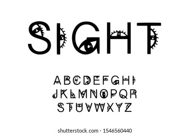 Sight hand drawn vector type font in cartoon comic style black white eyes look