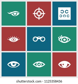 Sight icon. collection of 9 sight filled icons such as eye, eye test, binoculars. editable sight icons for web and mobile.