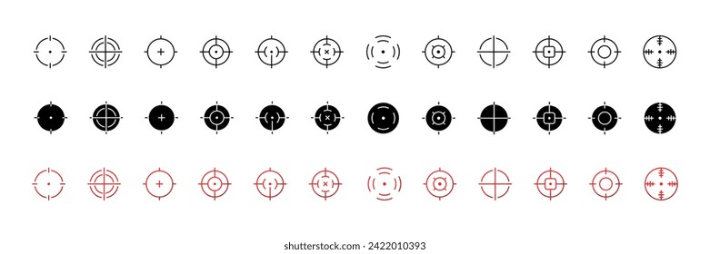 Sight icon collection. Weapon sight collection. Linear, silhouette and flat style. Vector icons