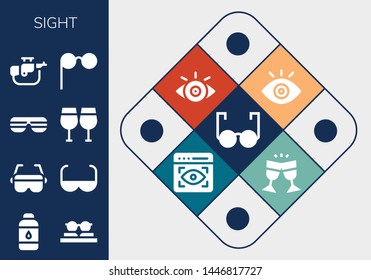 sight icon set. 13 filled sight icons.  Collection Of - Glasses, Contact lens, Sunglasses, Sun glasses, Rifle, View