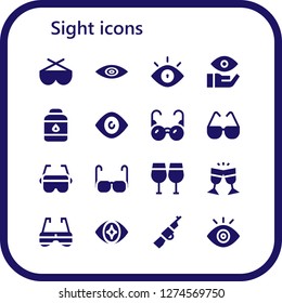  sight icon set. 16 filled sight icons. Simple modern icons about  - Sunglasses, View, Eye, Contact lens, Glasses, Rifle