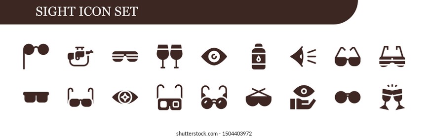 sight icon set. 18 filled sight icons.  Collection Of - Glasses, Rifle, Sunglasses, Eye, Contact lens
