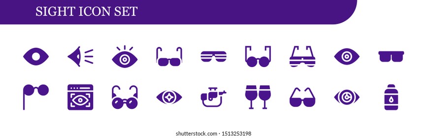 sight icon set. 18 filled sight icons.  Collection Of - View, Eye, Glasses, Sunglasses, Rifle, Vision, Contact lens icons