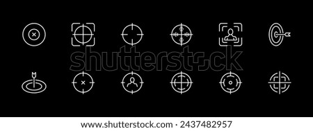Sight icon set. Collimator, military technology, killer, mercenary, military conflict. White line icon on black background. Vector line icon for business and advertising