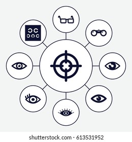 Sight icons set. set of 9 sight filled icons such as eye, eye test, glasses, binoculars