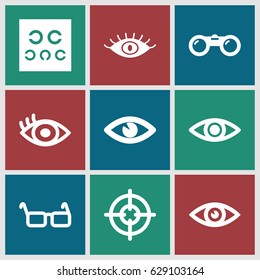 Sight icons set. set of 9 sight filled icons such as eye, eye test, glasses, binoculars