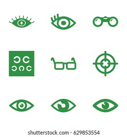 Sight icons set. set of 9 sight filled icons such as eye, eye test, glasses, binoculars