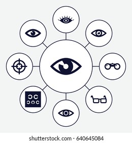 Sight icons set. set of 9 sight filled icons such as eye, eye test, glasses, binoculars