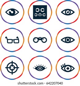 Sight icons set. set of 9 sight filled icons such as eye, eye test, glasses, binoculars