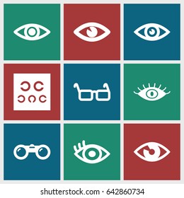 Sight icons set. set of 9 sight filled icons such as eye, eye test, glasses