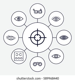 sight icons set. Set of 9 sight outline icons such as eye, eye test, glasses, binoculars