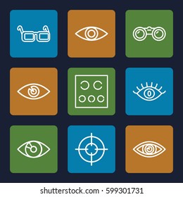 sight icons set. Set of 9 sight outline icons such as eye, eye test, glasses, binoculars